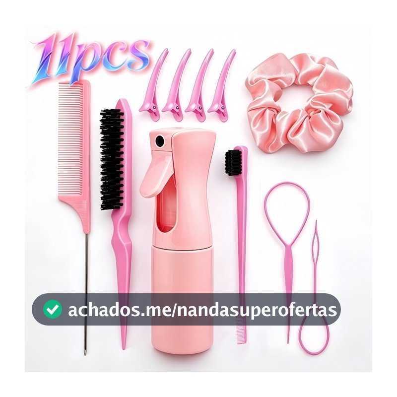 Kit 11 Peças Ferramentas para Cabelo: Pente Rabo de Rato, Borrifador, Ferramenta para Trança, Clipes Bico de Pato e Scru