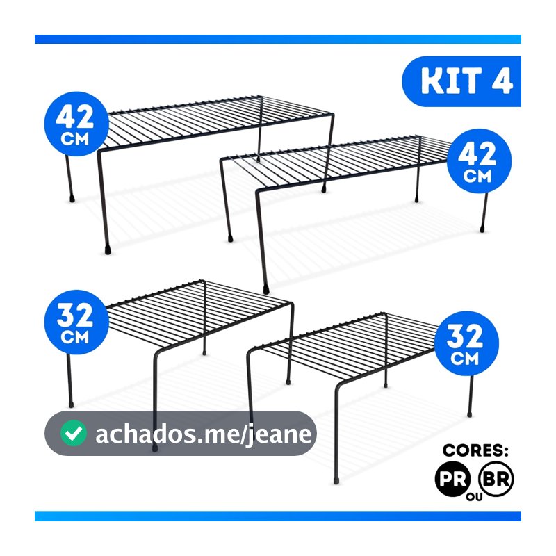 Kit 4 Organizador Aramado 32cm e 42cm Armario Cozinha Sapateira Armarios Suporte Aço Preto Branco