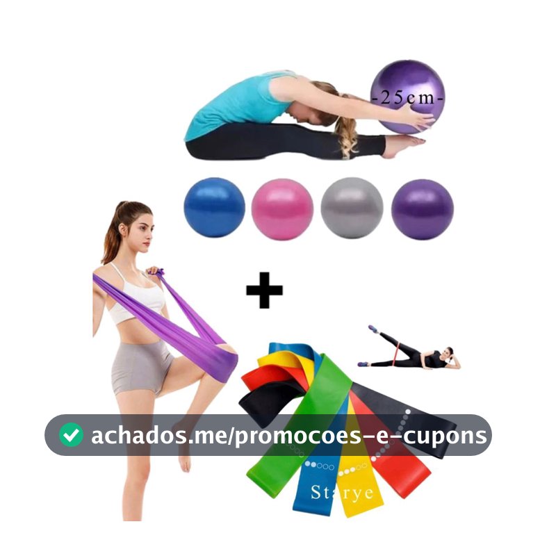 Bola 25 cm Suíça Pilates Pequena + Faixa Elástica Thera band + Kit Mini Band Fisioterapia -STARYE