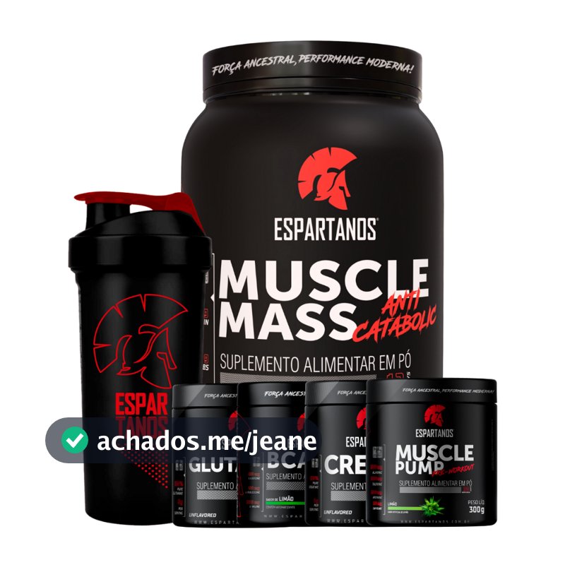 Kit Muscle Mass 1,8kg + BCAA + Creatina + Glutamina + Pré Treino + Coqueteleira - Espartanos
