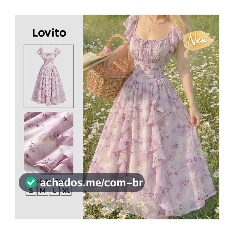 (New Arrival) Lovito Vestido Feminino Boho Floral Floral Com Babados E Amarração Longo De Corte Evasê Casual Para Primavera/verão Fins De Semana E Férias DRK11BR160