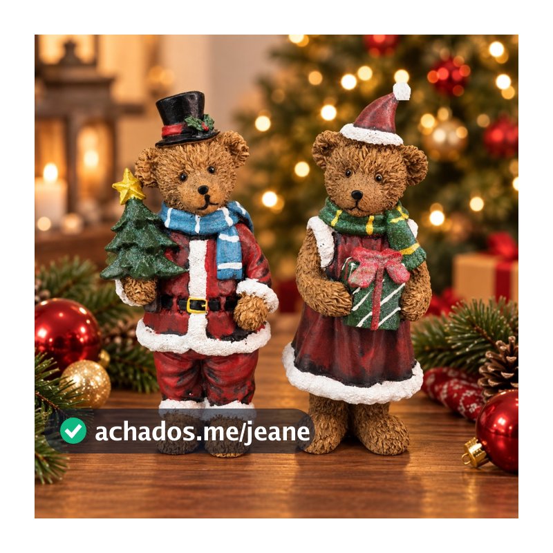 Enfeite Urso Natalino de Resina 23cm Decoração Árvore de Natal – 2 Modelos Casal Presente Lembrança