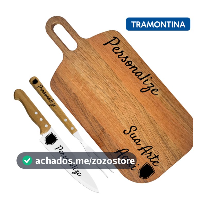 Kit Tramontina Tábua de Madeira Garfo e Faca para Churrasco Personalizado Nome Logo Time Presente