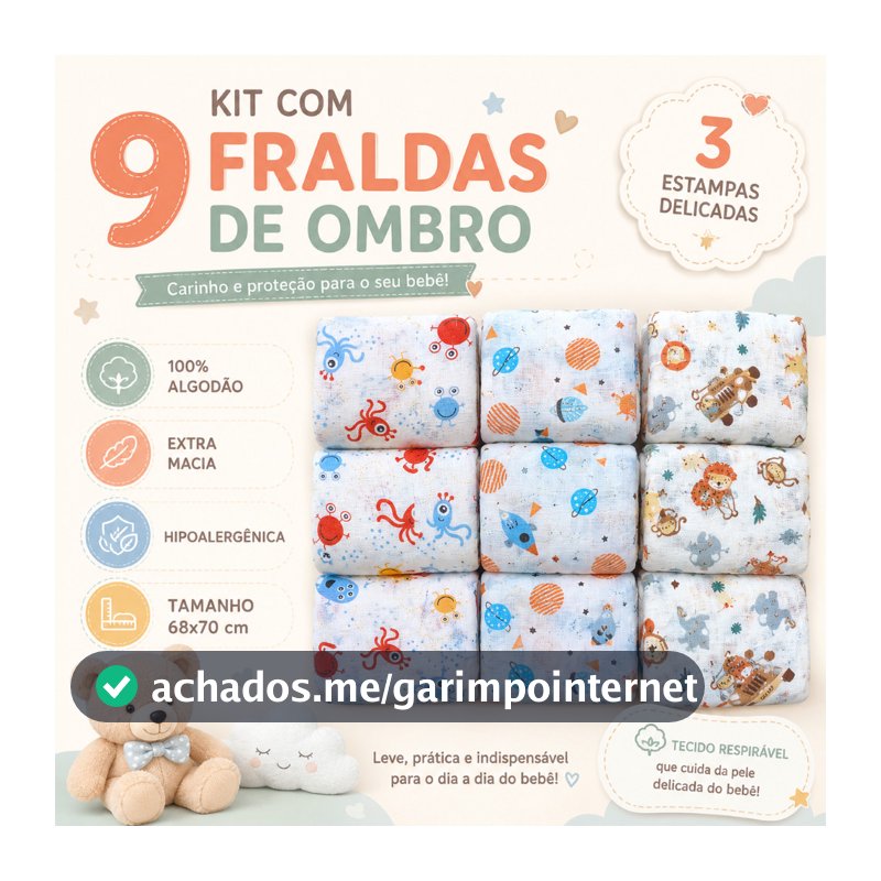Kit 9 Fralda de Pano Grande Estampada Com Bainha Menina Menino Enxoval Algodão