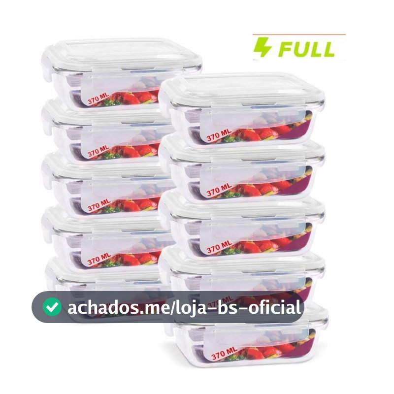 Kit 10 Pote Hermético de Vidro 370ml Marmita Fit Tampa 4 Travas Freezer Microondas Geladeira