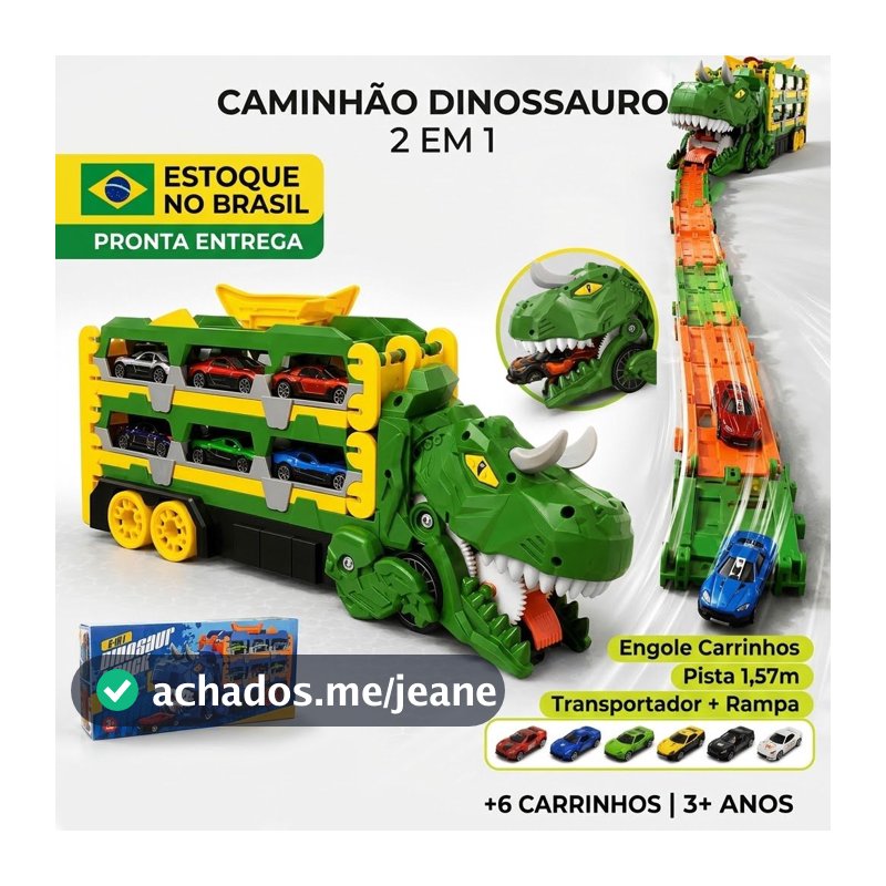 Caminhão Dinossauro 4 em 1 Que Engole Carrinhos Pista Lançador Transportador Dino Truck Brinquedo Infantil