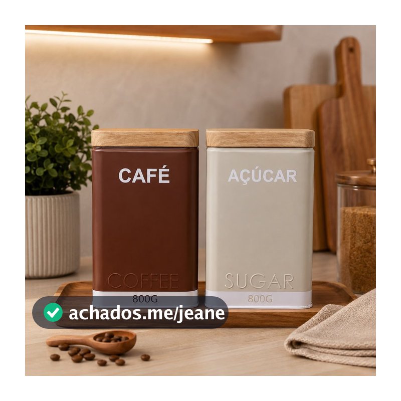 Kit 2 Latas Hérmetico Pote 800g Café e Açúcar Porta Organidor de Cozinha Mantimentos Multiuso Metal