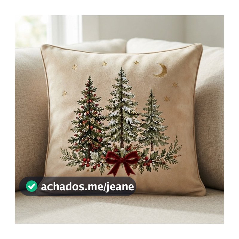 Capa de Almofada Natal Efeito Bordado Pinheiro Laço Decorativo