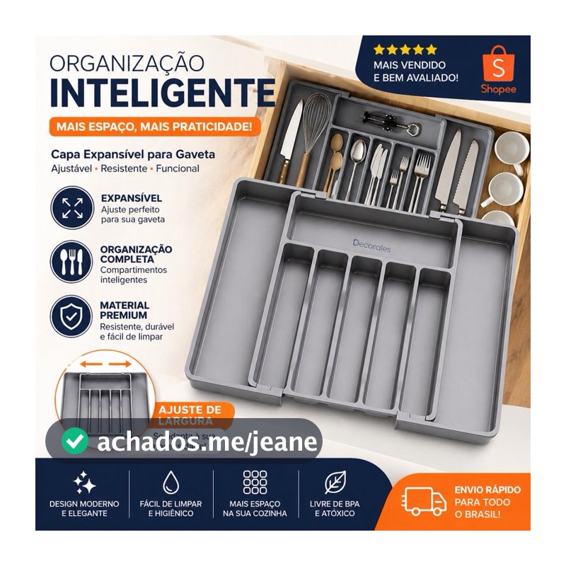 Organizador de Gaveta de Talheres em PP Cinza - Expansível e Fácil de Limpar