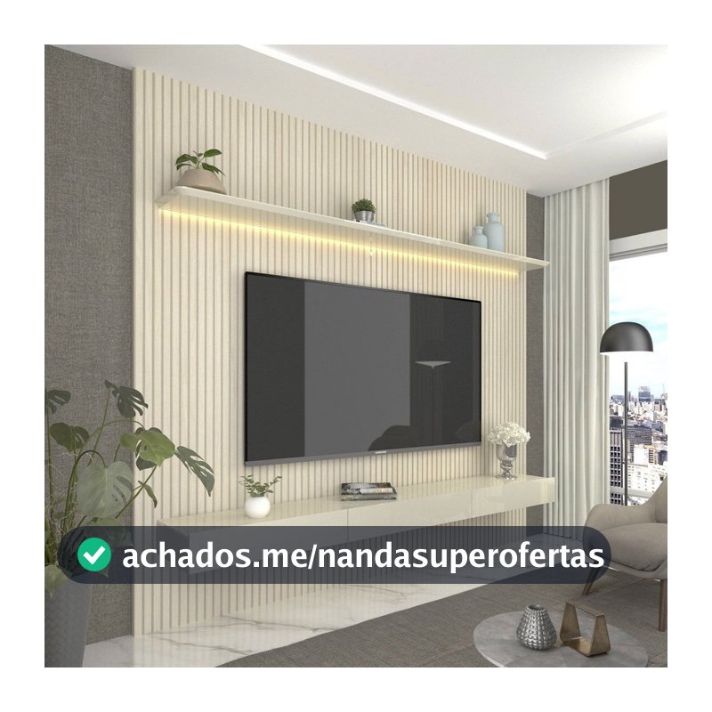 Painel para TV até 90 Polegadas com LED 100% MDF 224CMX250CM Impressão Ripada com Gaveta Requinte Branco Off White
