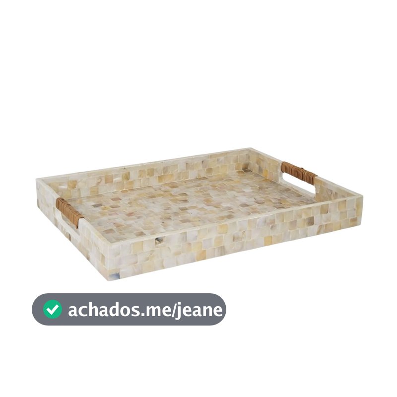 Bandeja Decorativa Madrepérola Laradore Alça Rattan 40x30cm