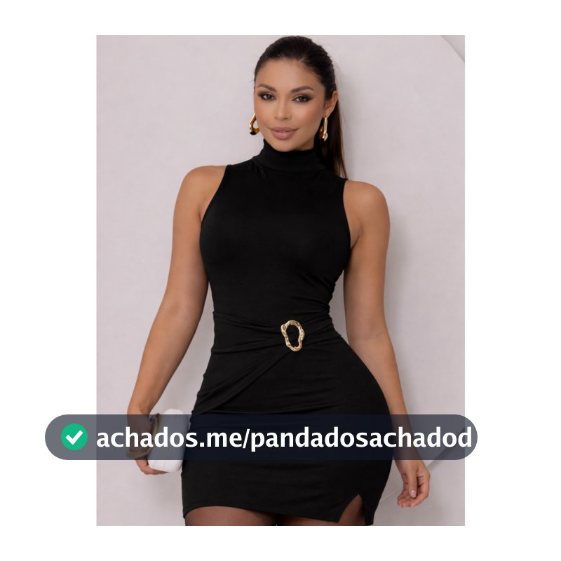Vestido Tubinho Curto Feminino Gola Alta Fenda Lateral Com Acessório Dourado Festa Balada Luxo