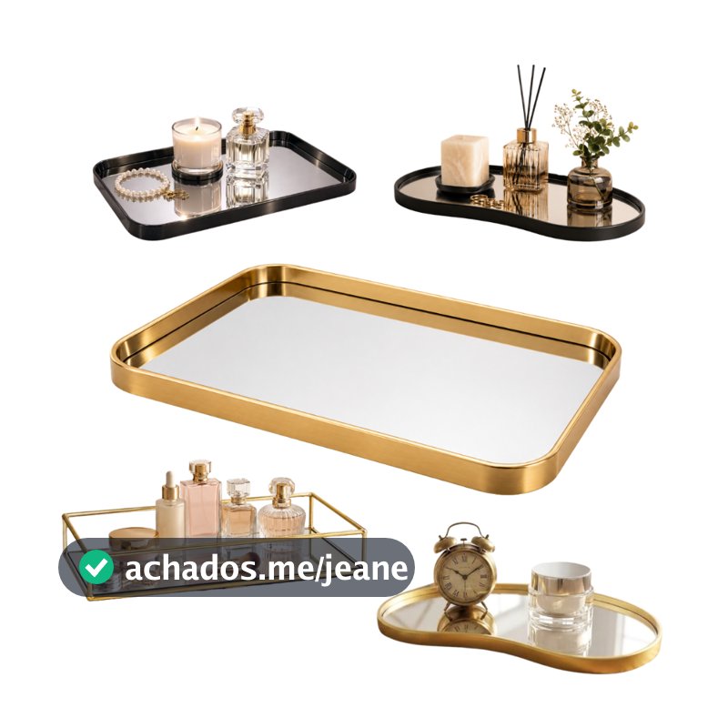 Bandeja Orgânica Decorativa Espelhada Dourada Multiuso Banheiro Lavabo Sala Preta Porta Maquiagem