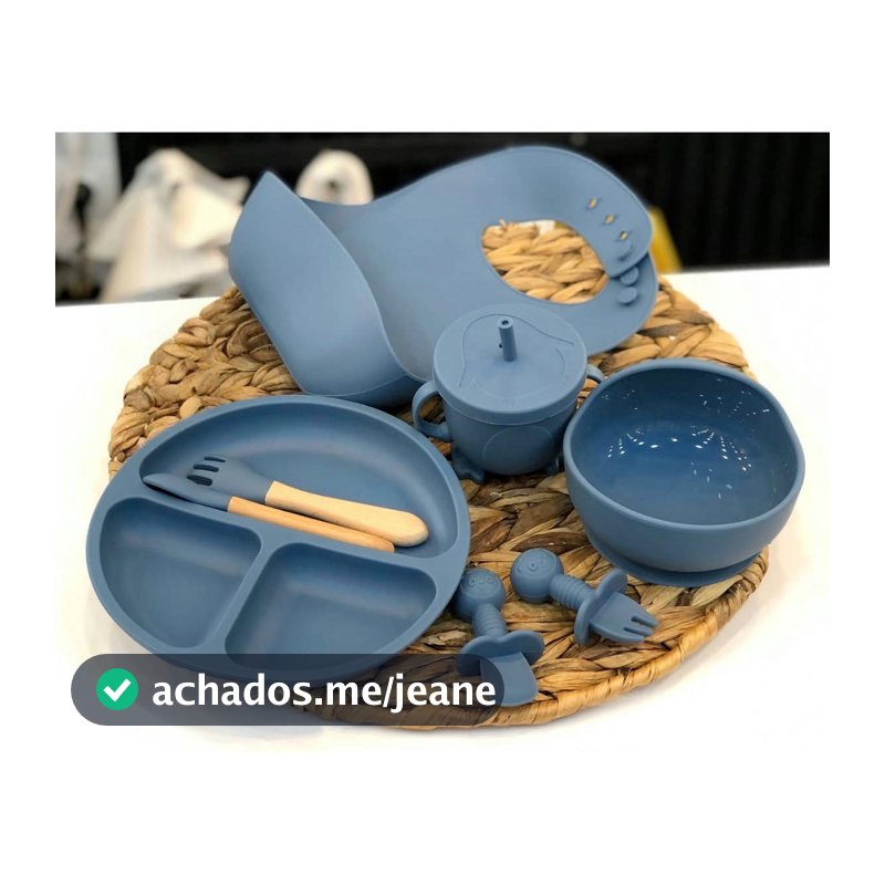 Kit 8pçs Talheres de Silicone Bebê com Ventosa, Colher, Garfo, Canudo e Babador Infantil