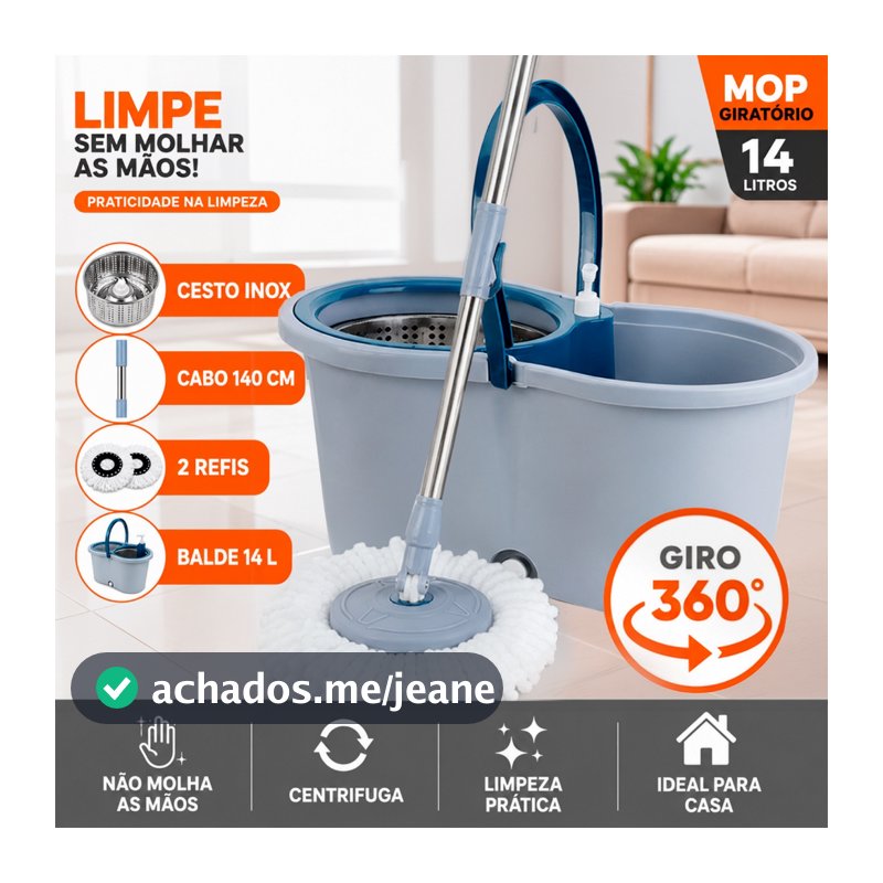 Mop Giratorio Com cabo de 140 Cm Cesto Em Inox 2 Refis - Balde com Centrífuga 14L e Cabo Reforçado