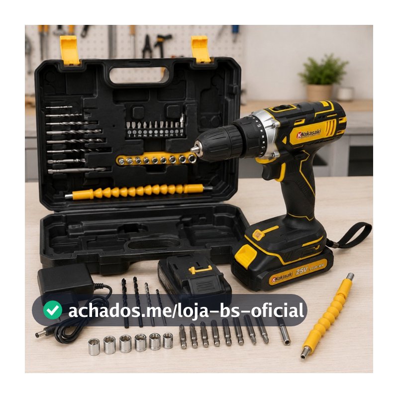 Parafusadeira Furadeira 25V Nakasaki Sem Fio a Bateria Profissional Kit Completo com Maleta