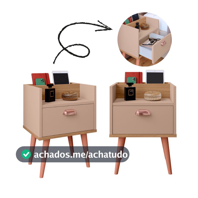 Kit 2 Mesas de Cabeceira Milena com Gaveta e Porta Celular – Criado-Mudo Retrô Moderno em MDP