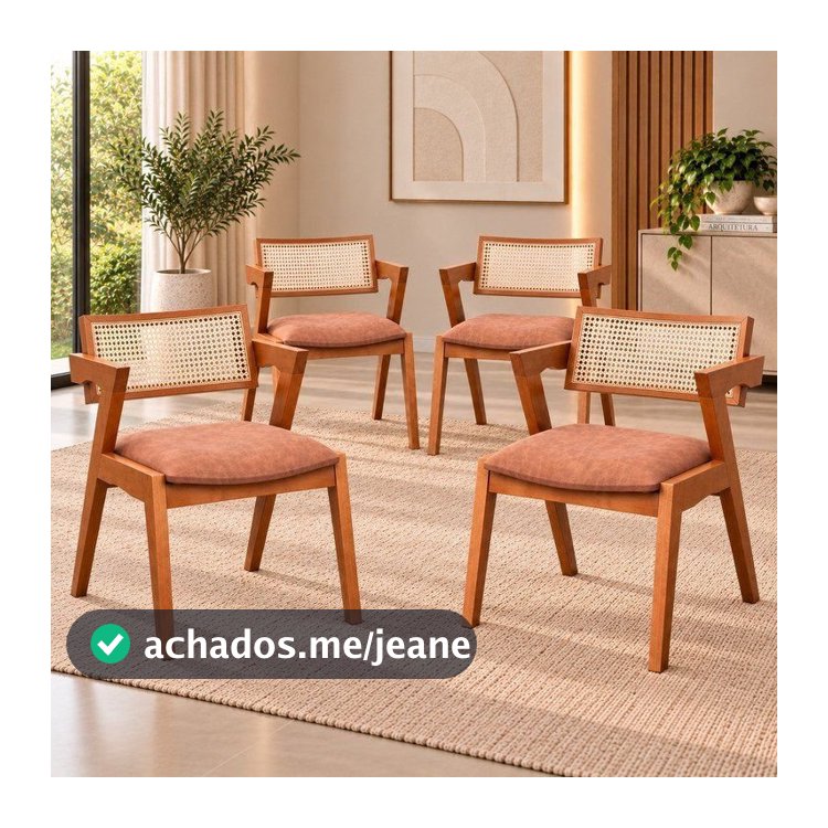 Kit 4 Cadeiras Madeira Maciça com Rattan Fibra Natural Verona Espresso Móveis Champagne/Couro Marrom