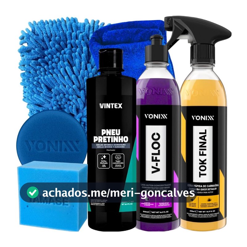Kit Pneu Pretinho Shampoo V-Floc Cera Tok Final Carnauba Vonixx