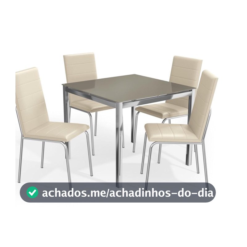 Kit Conjunto Mesa Quadrada 4 Cadeiras 90 x 90 cm Sala de Jantar Cozinha Vidro Metal Cromado Nude