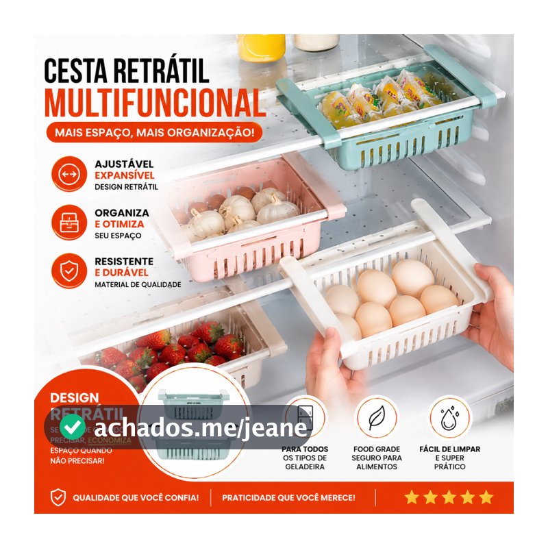 Cesto Organizador De Geladeira Multiuso Gaveta Retrátil Ajustável Prático Portátil