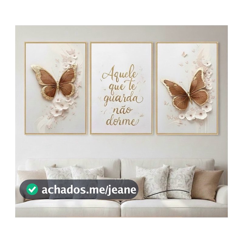 Kit 3 Quadros Decorativos Luxo Borboletas Frase Bíblica Motivacional Aquele Que Te Guarda Não Dorme