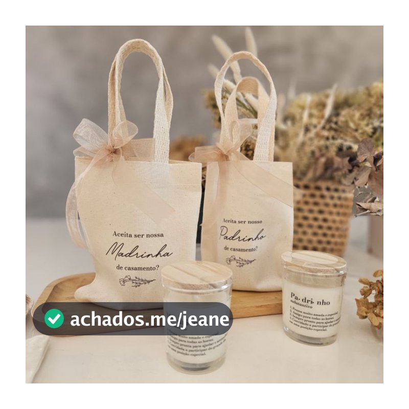 Presente para Padrinhos e Madrinhas de Casamento – Kit com Vela Aromática e Sacola Personalizada em Algodão Cru