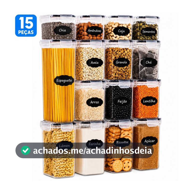 Kit 15 Potes Herméticos Organizadores de Mantimentos Plástico com Etiquetas Cozinha Despensa Empilhável