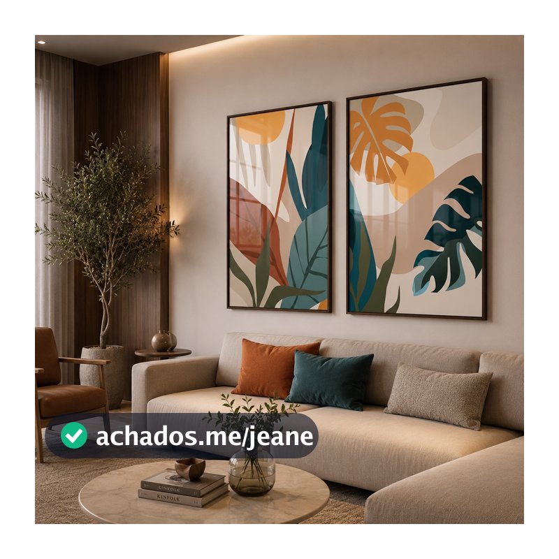 Quadro Decorativo Folhagens Tropicais Abstratas Com Moldura