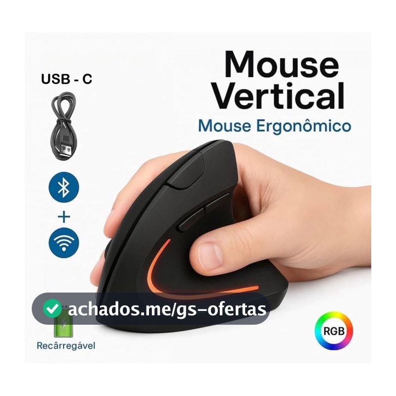 Mouse Vertical Ergonômico Sem Fio Recarregável USB Bluetooth Silencioso Ortopédico Mão Direita PC Gamer Super