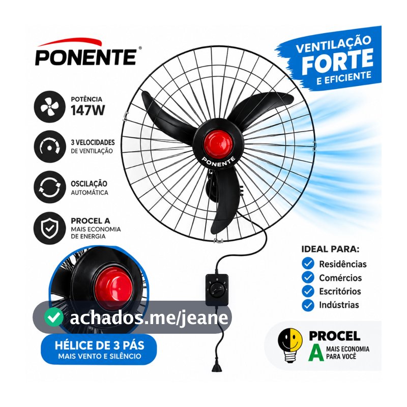 Ventilador de Parede 60cm 147W Procel A Super Econômico Oscilante 3 Velocidades Ponente Good