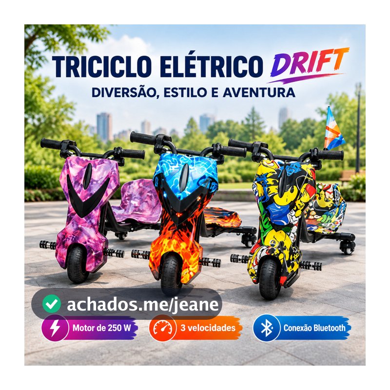 Triciclo Drift Elétrico Uso Infantil e Adulto, Potência 250W, Três Velocidades, Suporte 100kg Proteção Mola ANJGG BRASIL