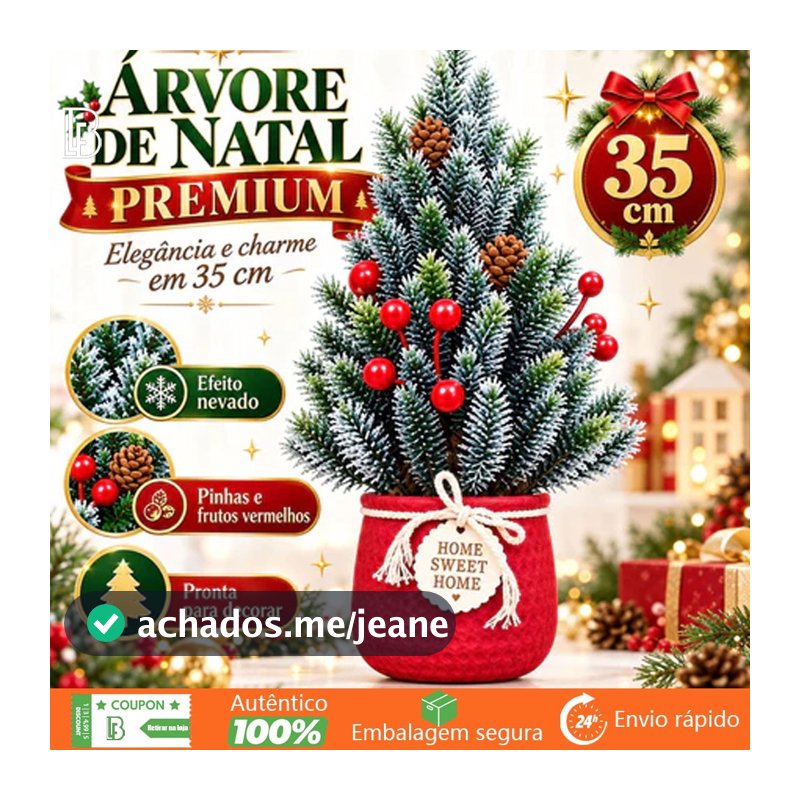 Mini Árvore de Natal Decorada 35cm com Vaso Vermelho Pinheiro Nevado Artificial Enfeite Natalino de Mesa