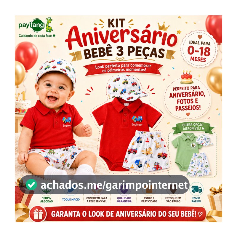 Conjunto Bebê Menino 3 Peças Body Polo Shorts Boné 100% Algodão 0 a 18 Meses Estampa Carros