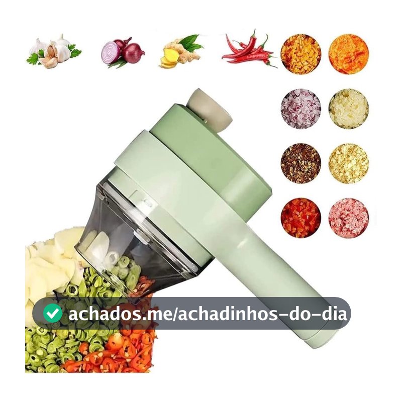 Cortador Elétrico de Legumes 4 em 1 Sem Fio USB Triturador de Alho e Vegetais Multifuncional para Cozinha