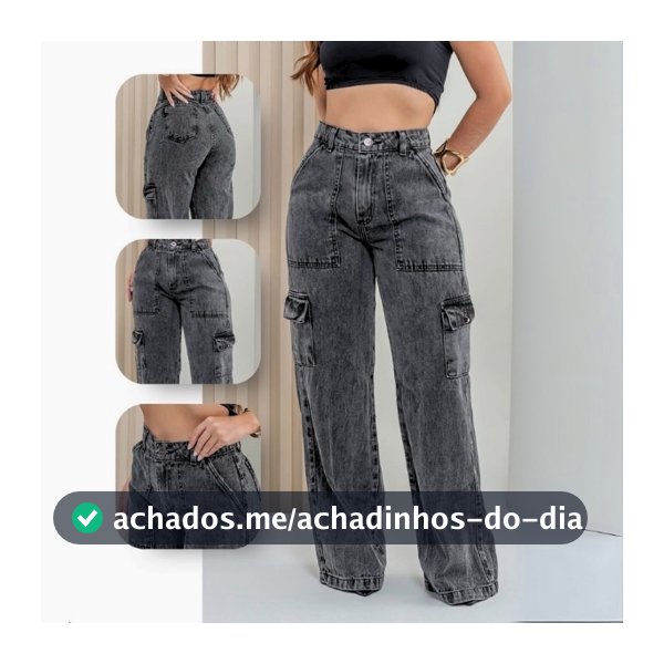 Calça Cargo Feminina Jeans Bolso Lateral Wid Leg 34 ao 44 Pantalona Cintura Alta