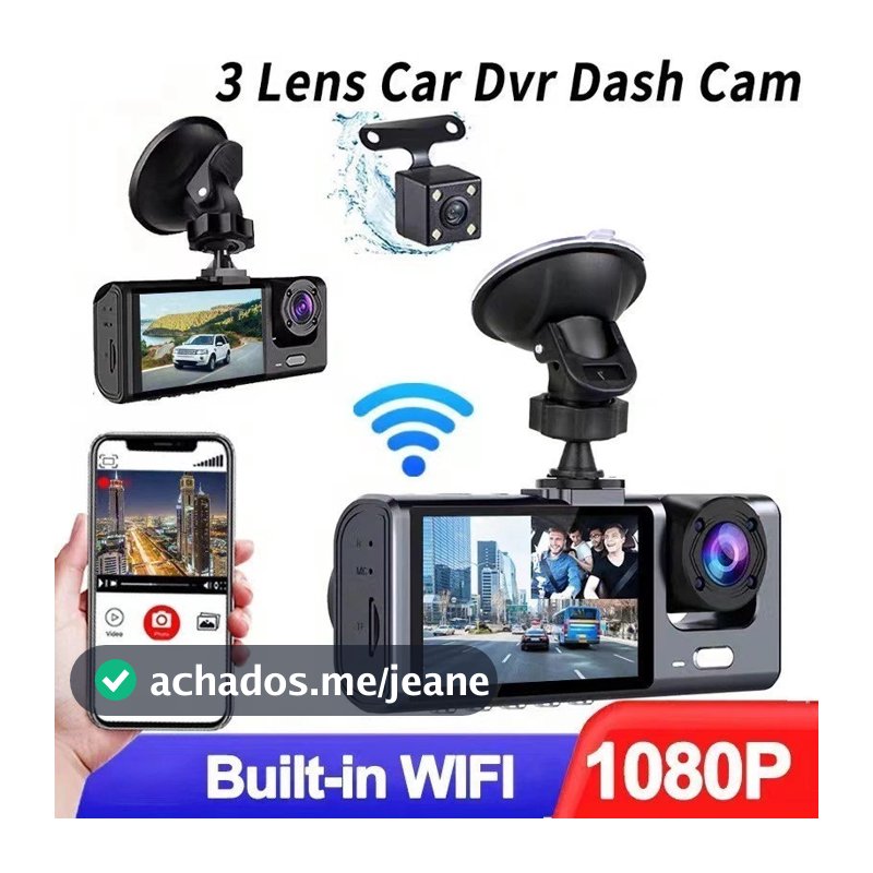 Câmera Veicular Full HD 1080p 3 Lentes (Frontal + Interna + Traseira) com Tela LCD | DVR Automotivo com Visão Noturna