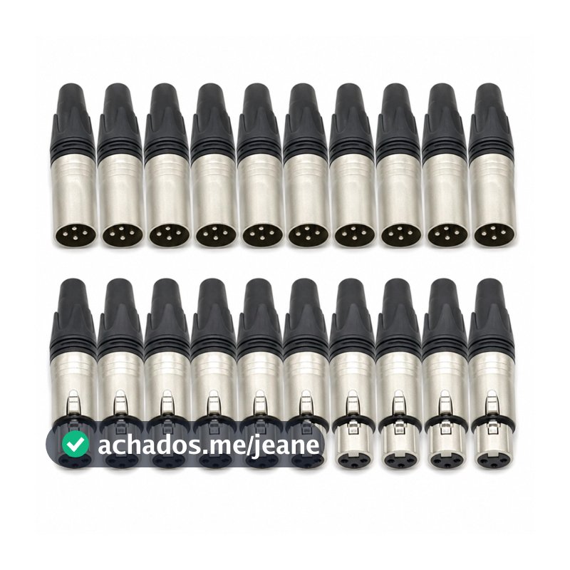 Kit 20 Plug XLR Canon Bertô Corpo Metálico Prateado Durável para Áudio Profissional (10 Macho + 10 Fêmea)