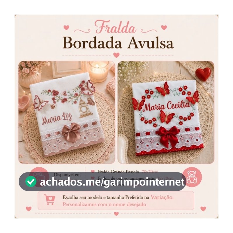 Fralda de pano Bordada Personalizada com nome do bebe (valor unitario)