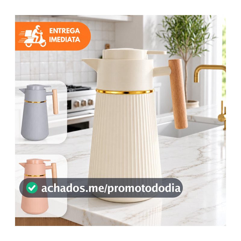 Garrafa Térmica Nórdica Berlim Café 1L Cabo De Madeira Luxo Mesa Posta Canelado Dourado