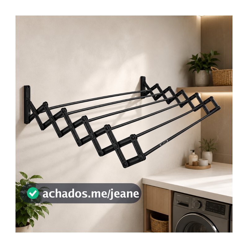 Varal Sanfonado 80 cm Parede Retrátil Preto Apartamento Lavanderia