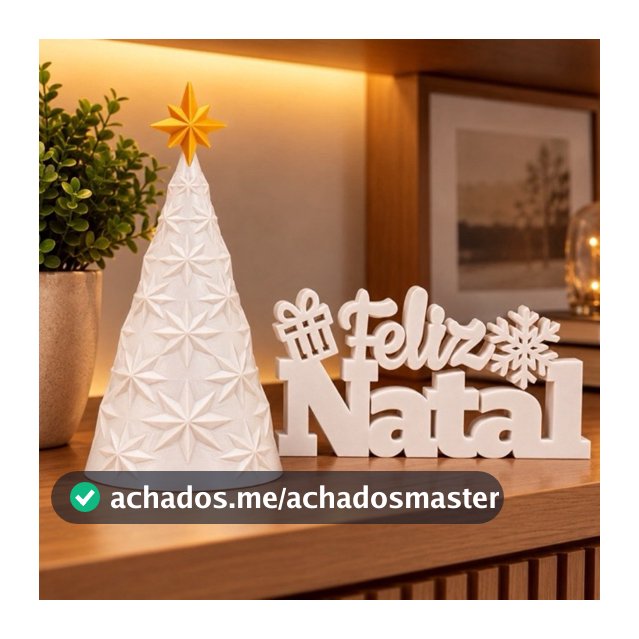 Kit Decoração Natal Árvore Branca Facetada Estrela Dourada Letreiro Feliz Natal Enfeite Mesa Aparador Presente