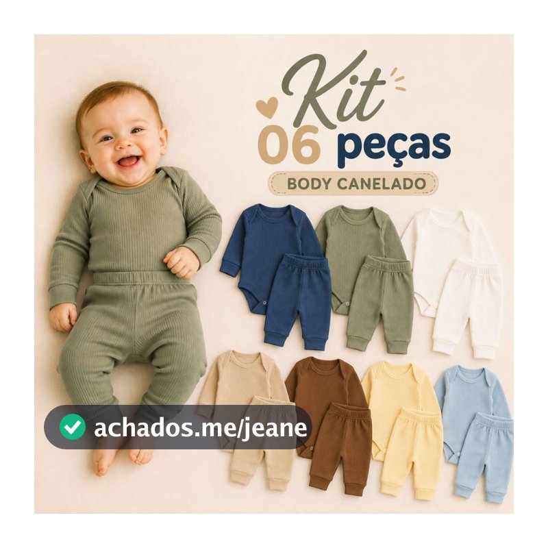 Kit 6 Peças Body Bebê Menino CANELADO Manga Longa e Calças Mijão Meia Estação Dia a Dia
