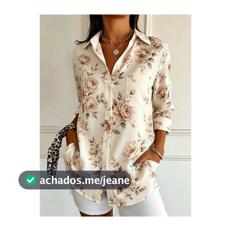 Camisa Feminina Ditsy Com Estampa Floral E Botões Para Roupas Femininas , Manga Comprida , Gola Lapela , Blusa Casual ,