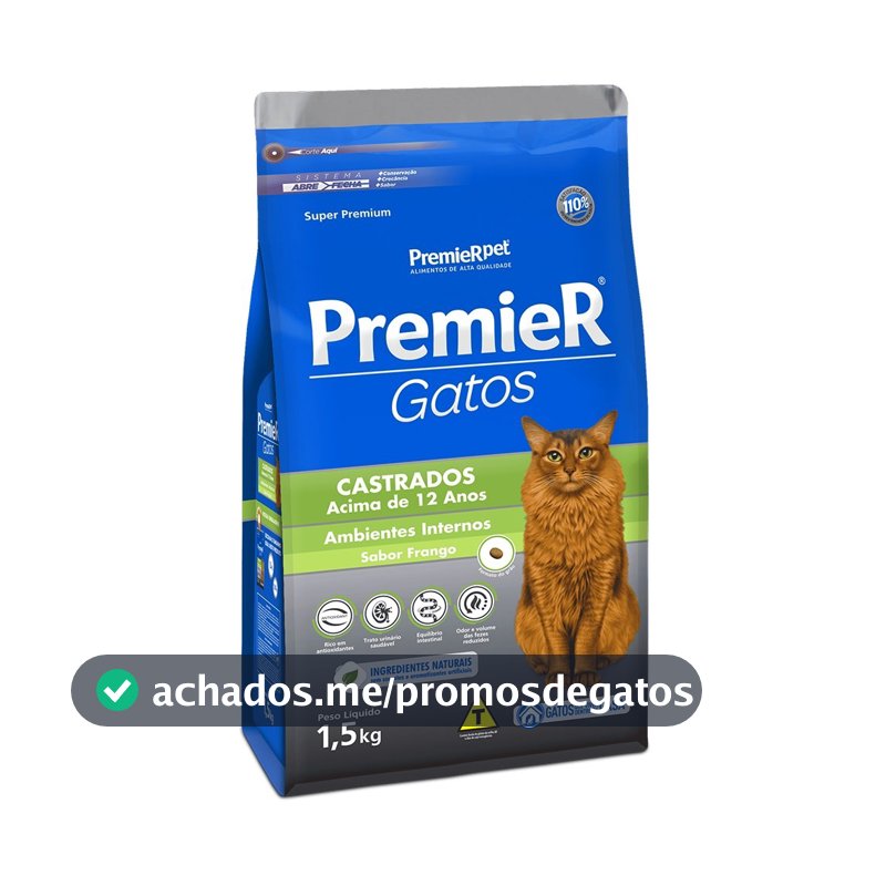 Ração Premier Gatos Castrados Acima 12 Anos Ambientes Internos Frango 1,5kg