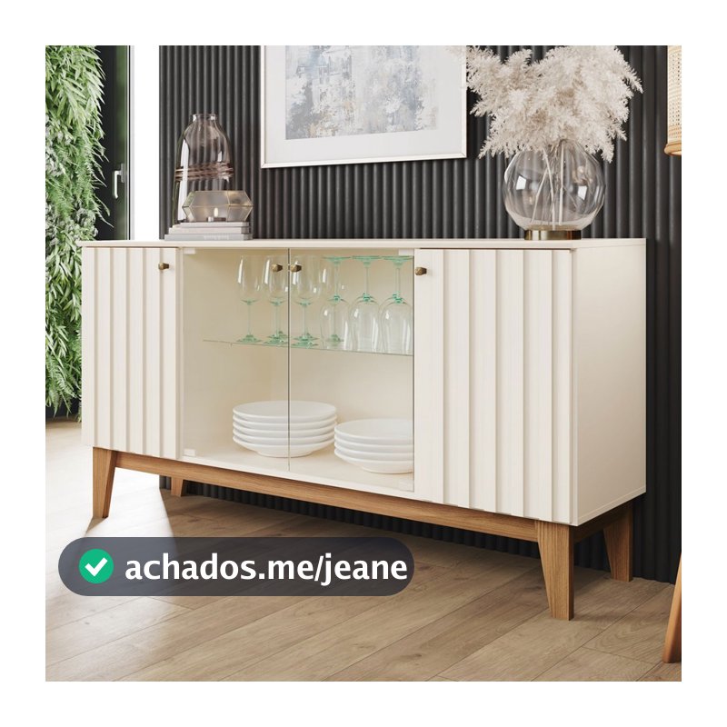 Balcão Buffet Eiffel 4 Portas 3 Prateleiras com Vidro Ripado Off White/Nature - Henn