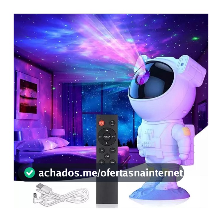 Projetor Astronauta Galáxia LED Nebulosa Estrelas 360° Controle Remoto USB Luminária Noturna
