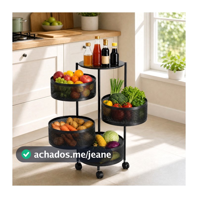 Estante Giratória Quadrada 4 Andares Preto | Suporte para Legumes e Frutas |