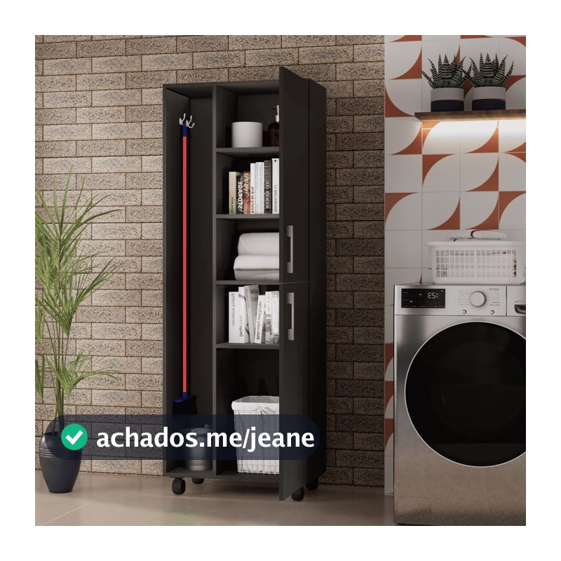 Armário Multiuso 2 Portas com Ganchos para Vassouras e Rodízios Slim