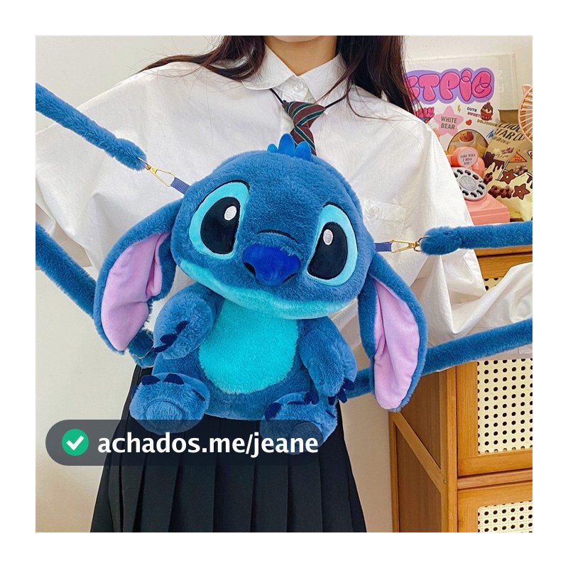 Mochila de Pelúcia Stitch-Alças Ajustáveis, Pode Virar Bolsa de Ombro, Zíper Invisível e Super Fofa